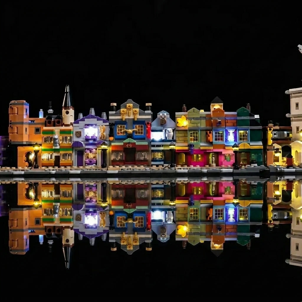 Bright My Bricks display light kit for LEGO® Harry Potter Diagon Alley: Wizarding Shops #76444 — brightened interior detail