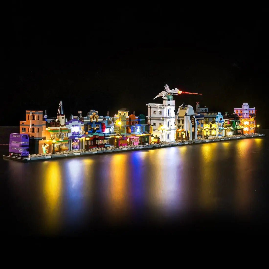 Close-up of LED lights on LEGO Harry Potter Diagon Alley: Wizarding Shops #76444
