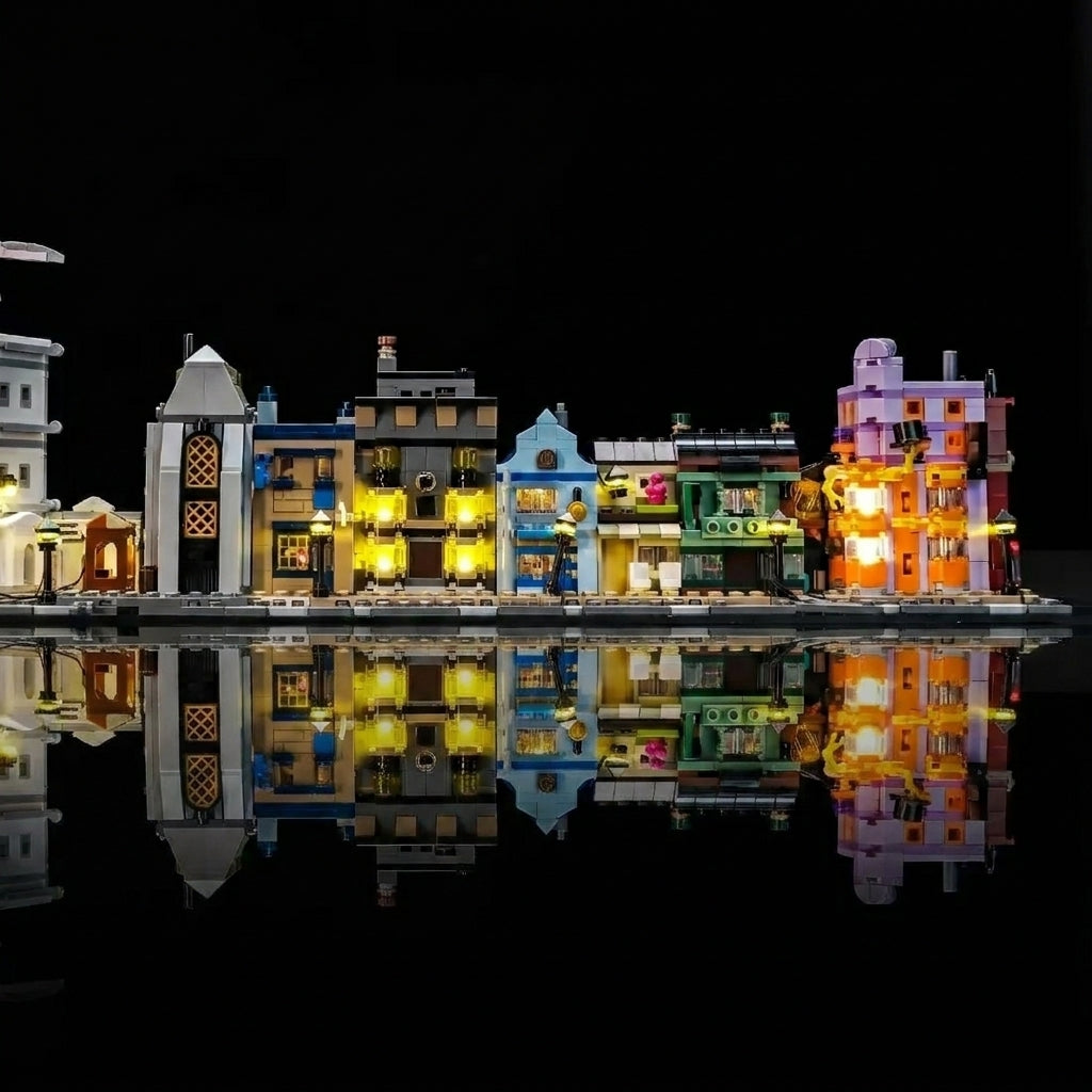 LEGO® Harry Potter Diagon Alley: Wizarding Shops #76444 warm LED glow detail, with the premium LED light kit