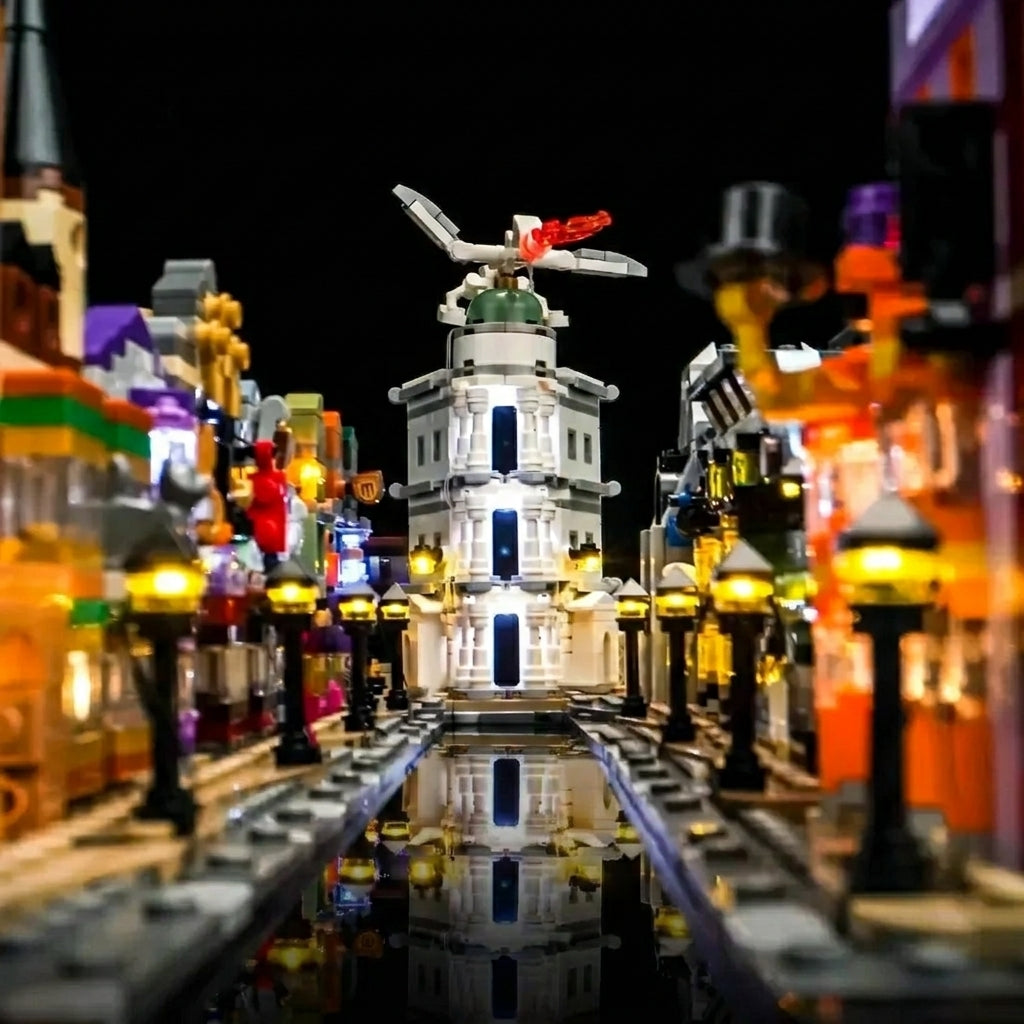 LEGO® Harry Potter Diagon Alley: Wizarding Shops #76444 — LED strips and bricks detail (USB-powered LED light kit)