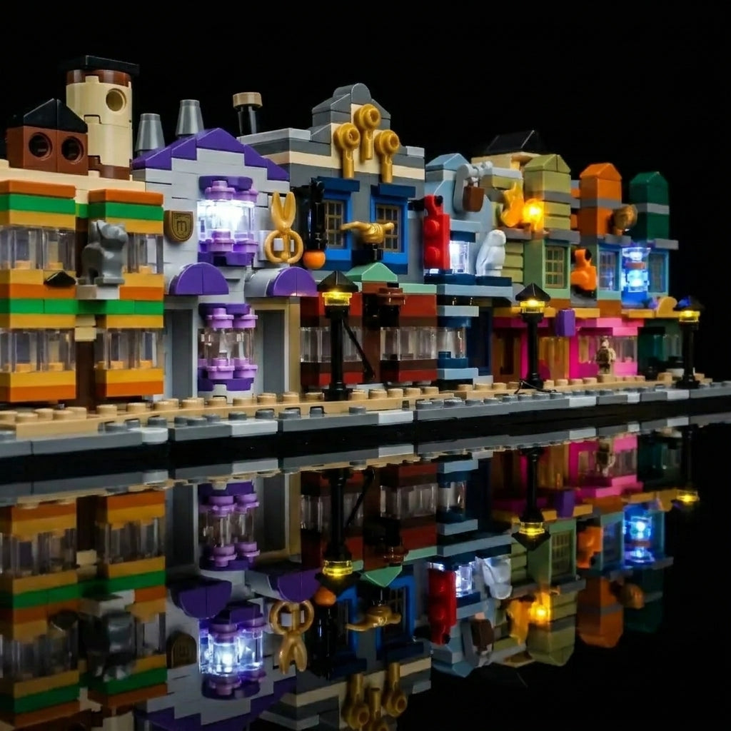 LEGO® Harry Potter Diagon Alley: Wizarding Shops #76444 — installed and glowing (LED lighting kit)