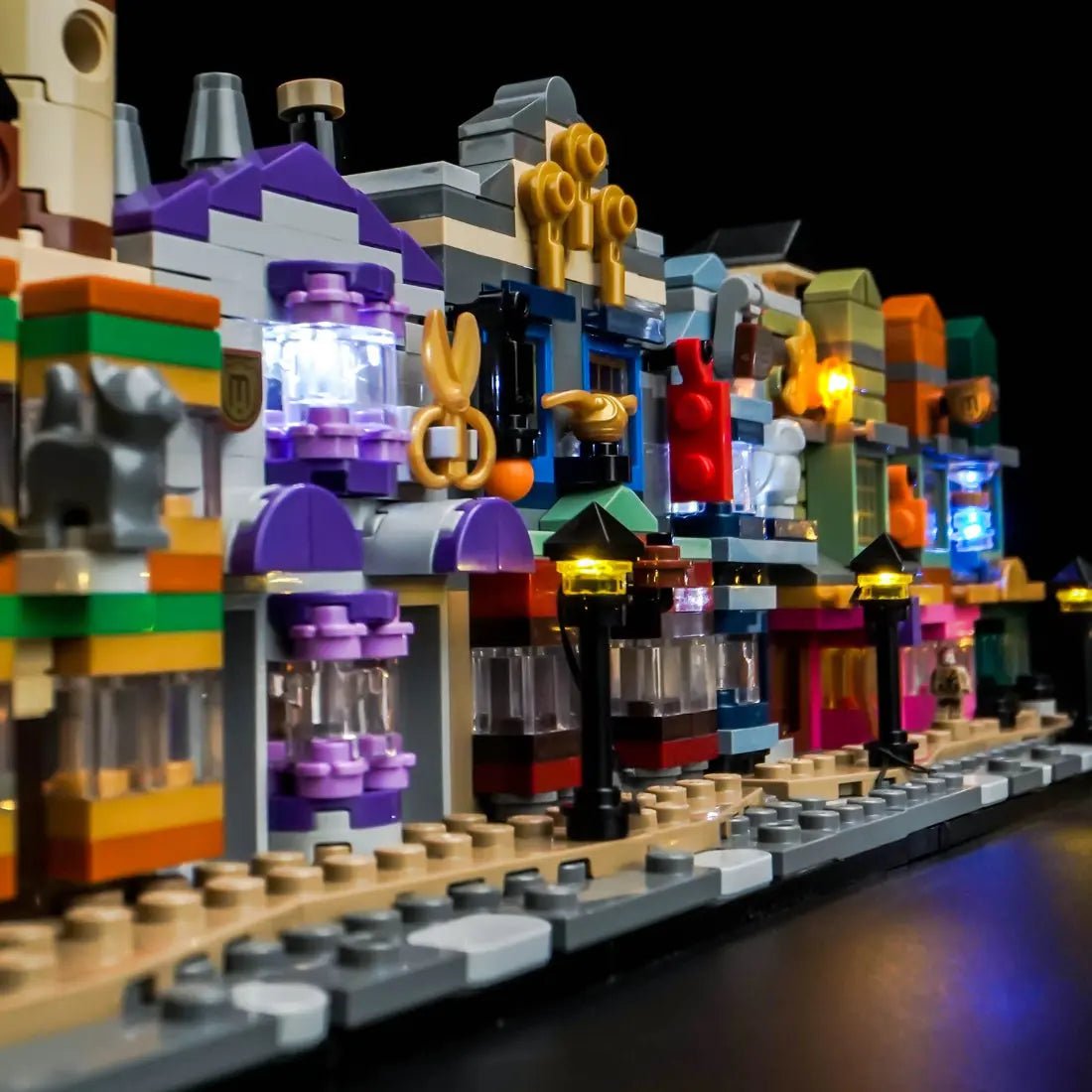 LED lights bring LEGO Harry Potter Diagon Alley: Wizarding Shops #76444 to life