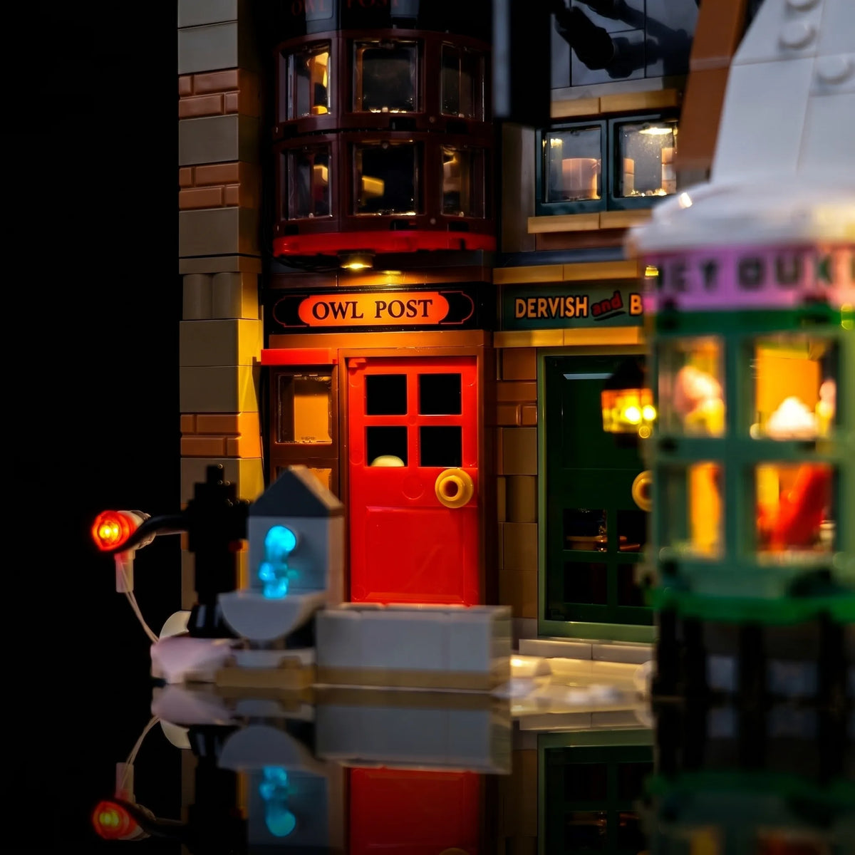 USB-powered LED light kit for LEGO® Harry Potter Hogsmeade Village #76457, front view fully lit