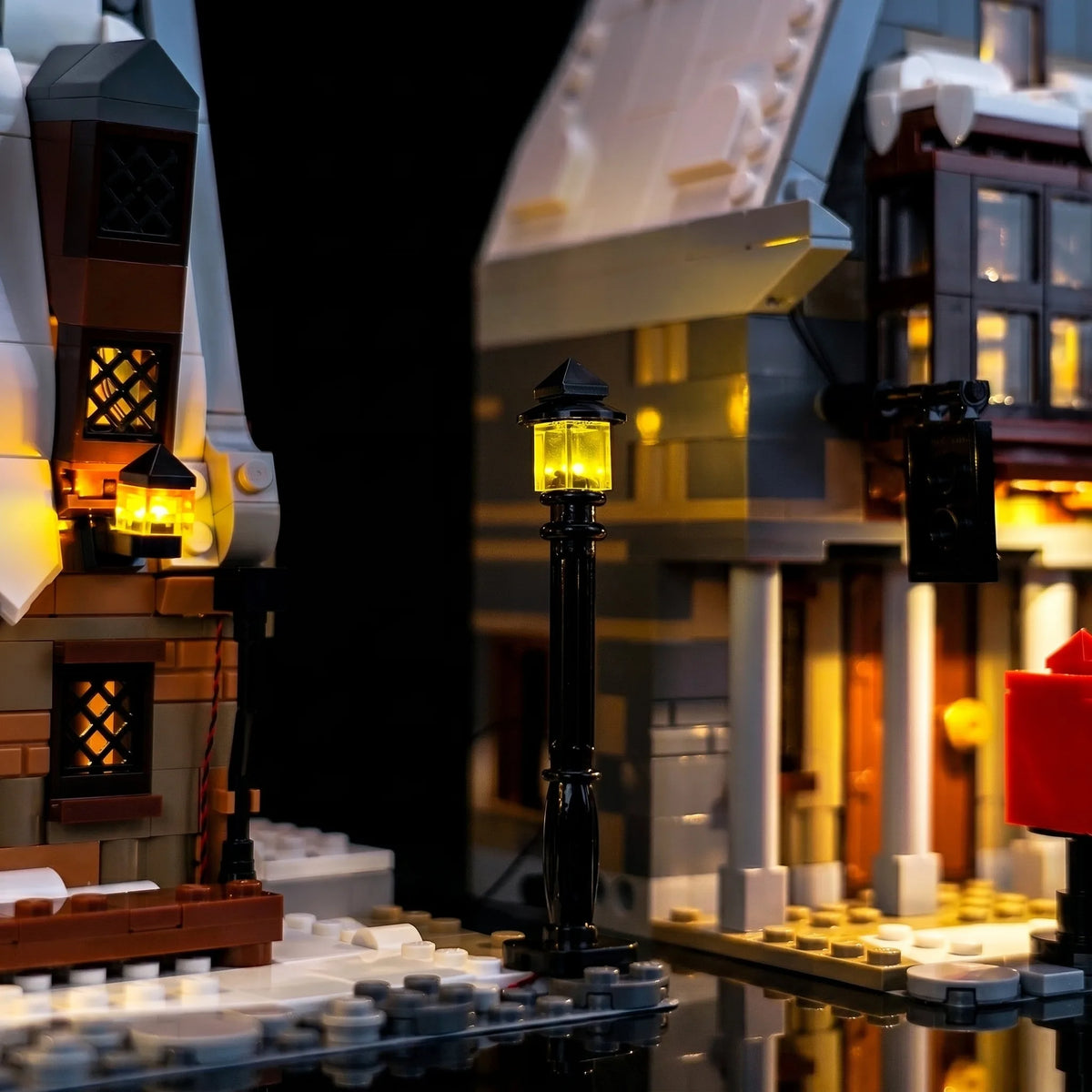 LED strips and bricks detail: Bright My Bricks premium LED light kit for LEGO® Harry Potter Hogsmeade Village #76457