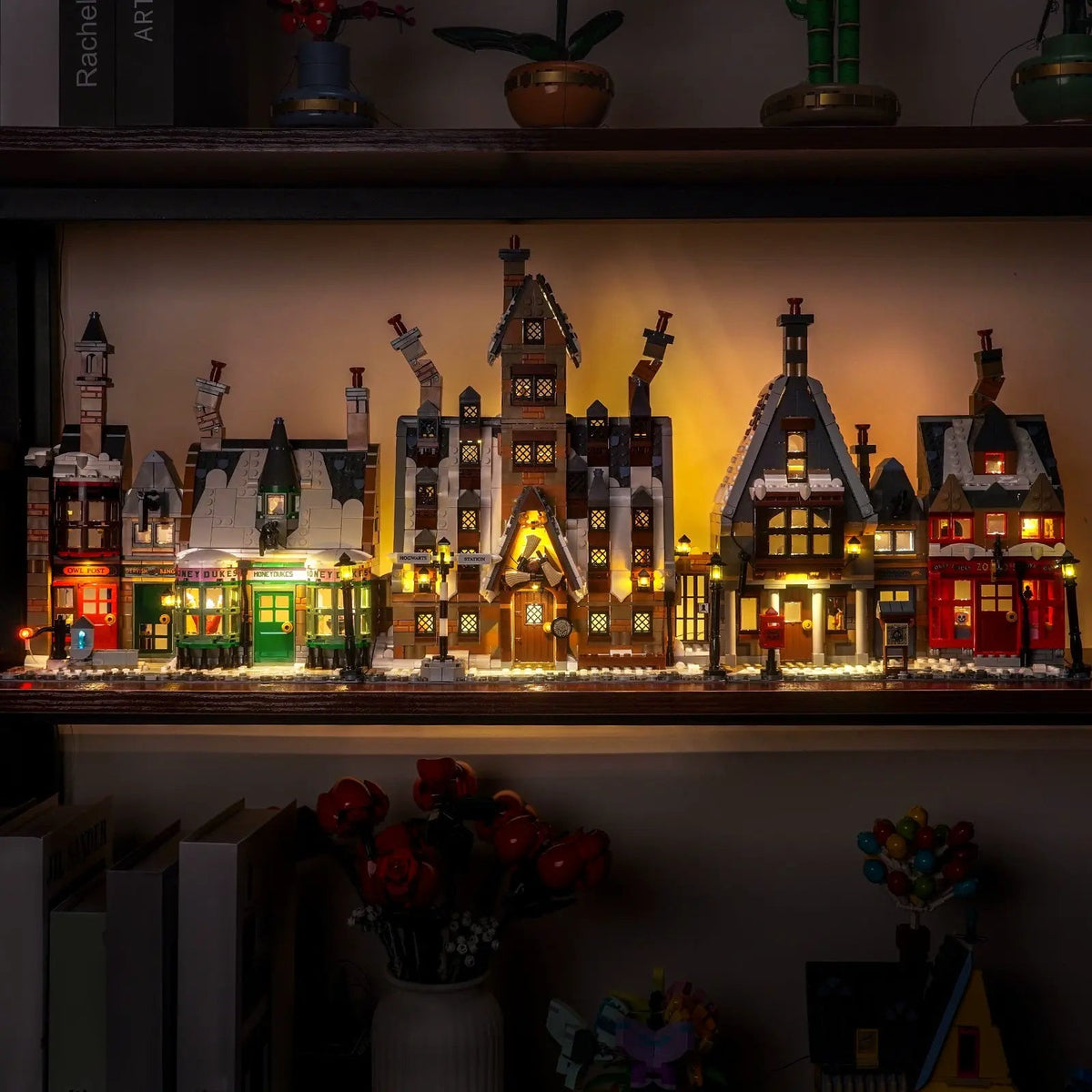 LEGO® Harry Potter Hogsmeade Village #76457 LED kit powered on, with the USB-powered LED light kit