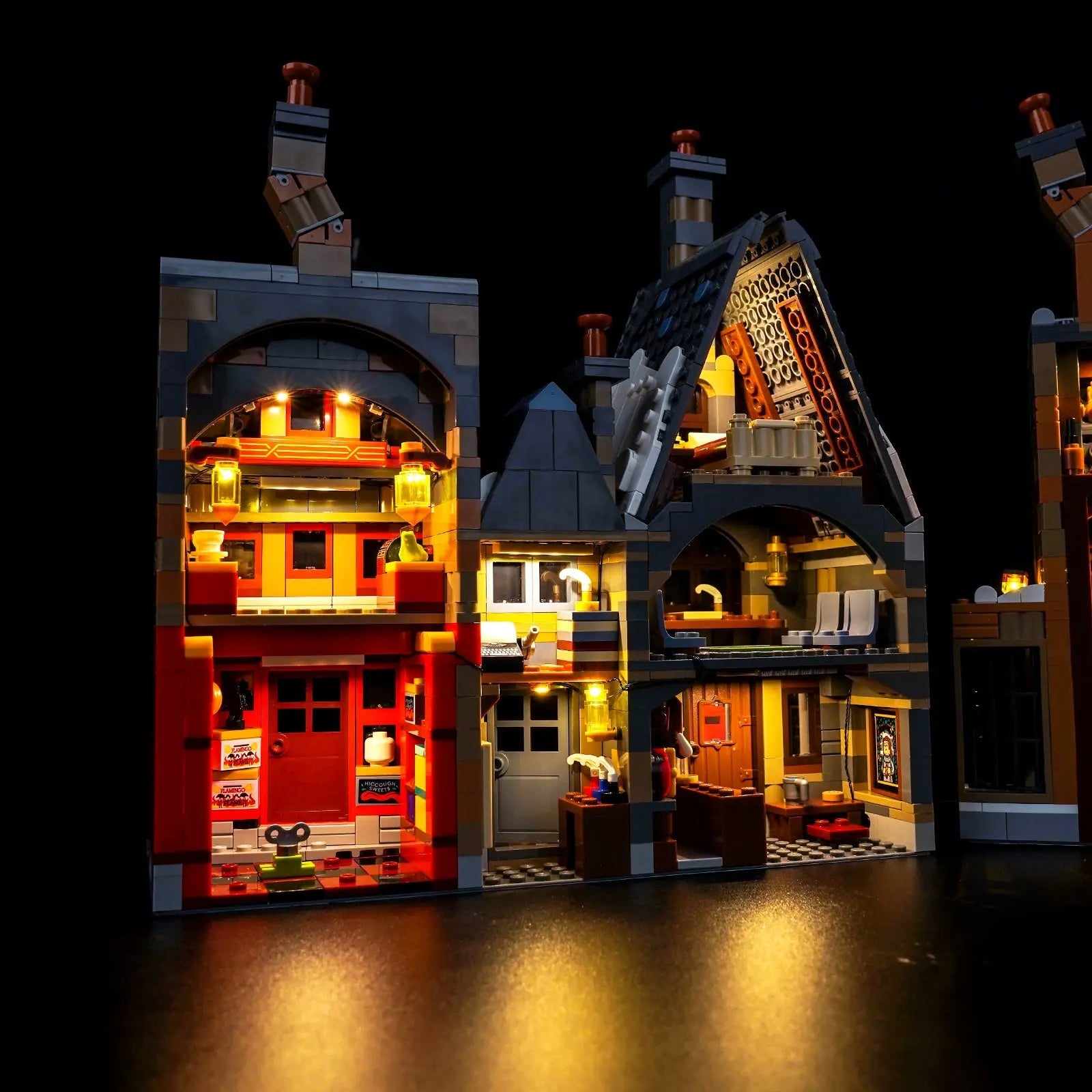 Close-up of LED lights on LEGO Harry Potter Hogsmeade Village #76457