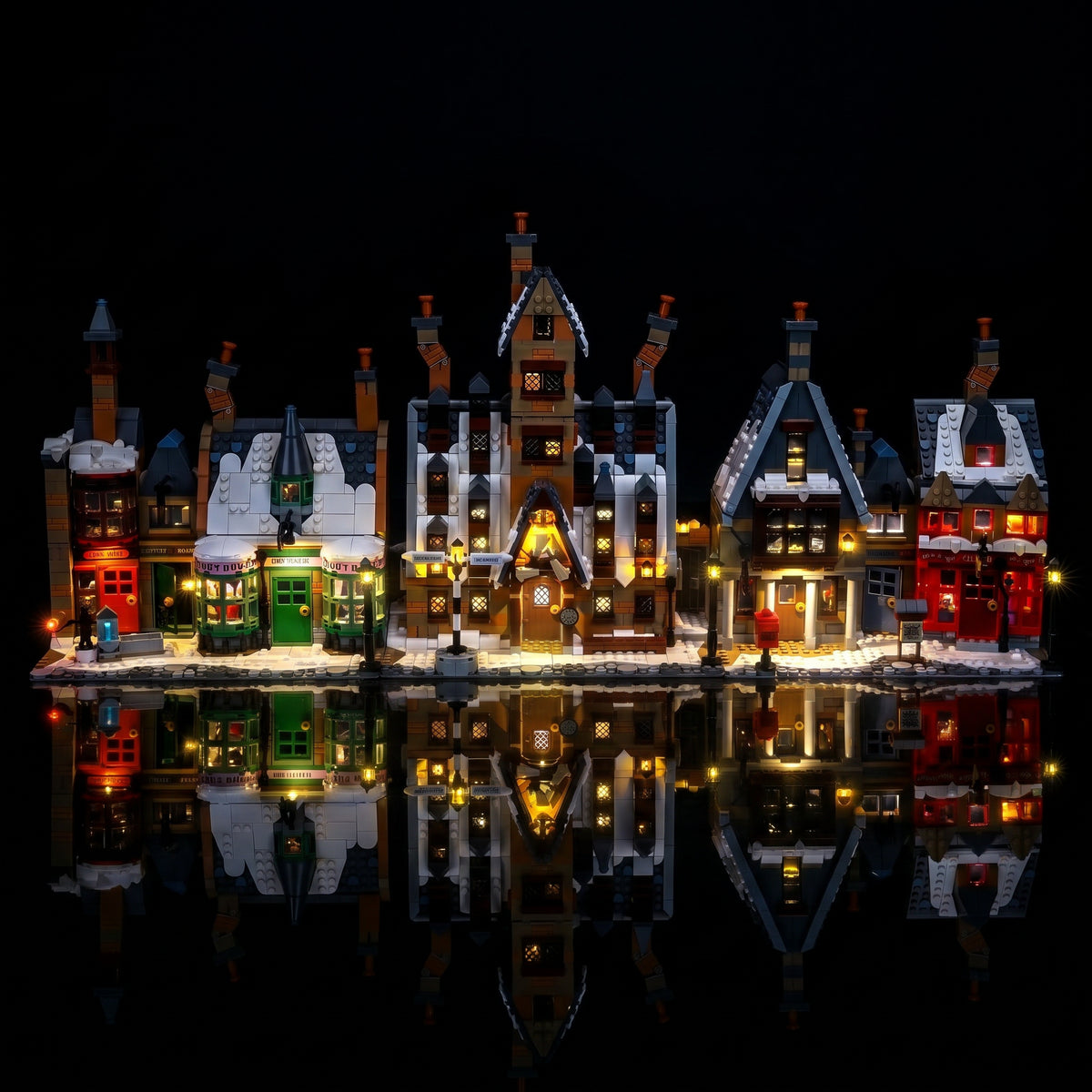 LED light kit for LEGO® Harry Potter Hogsmeade Village #76457, before-and-after lighting