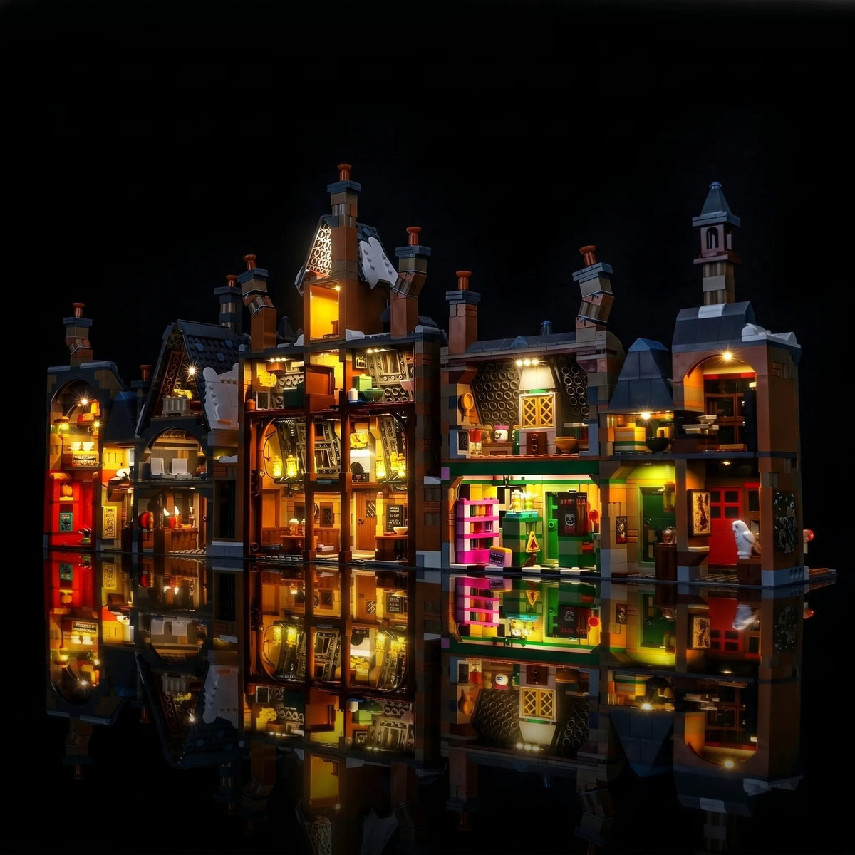 Bright My Bricks DIY LED light kit for LEGO® Harry Potter Hogsmeade Village #76457 — side angle with lights on