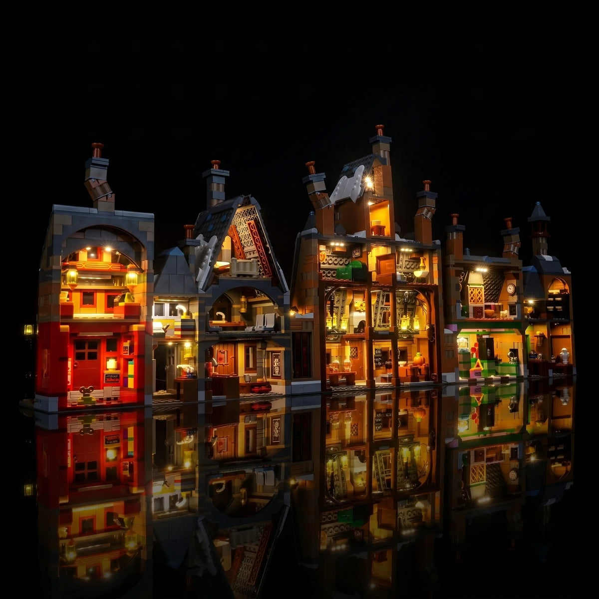 LEGO® Harry Potter Hogsmeade Village #76457 — installed and glowing (USB-powered LED light kit)