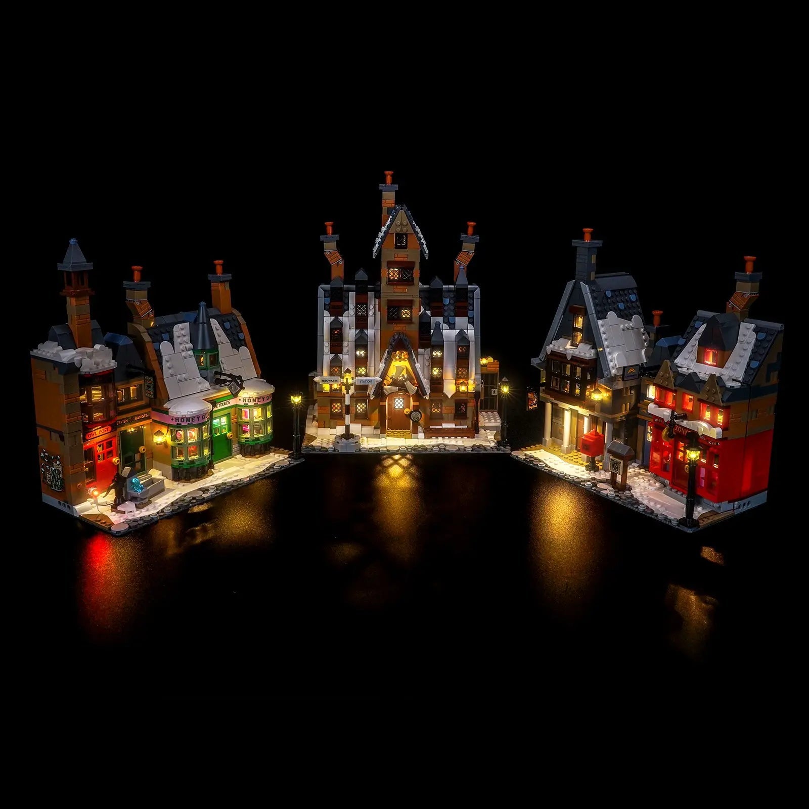 LEGO Harry Potter Hogsmeade Village #76457 lit up - front angle