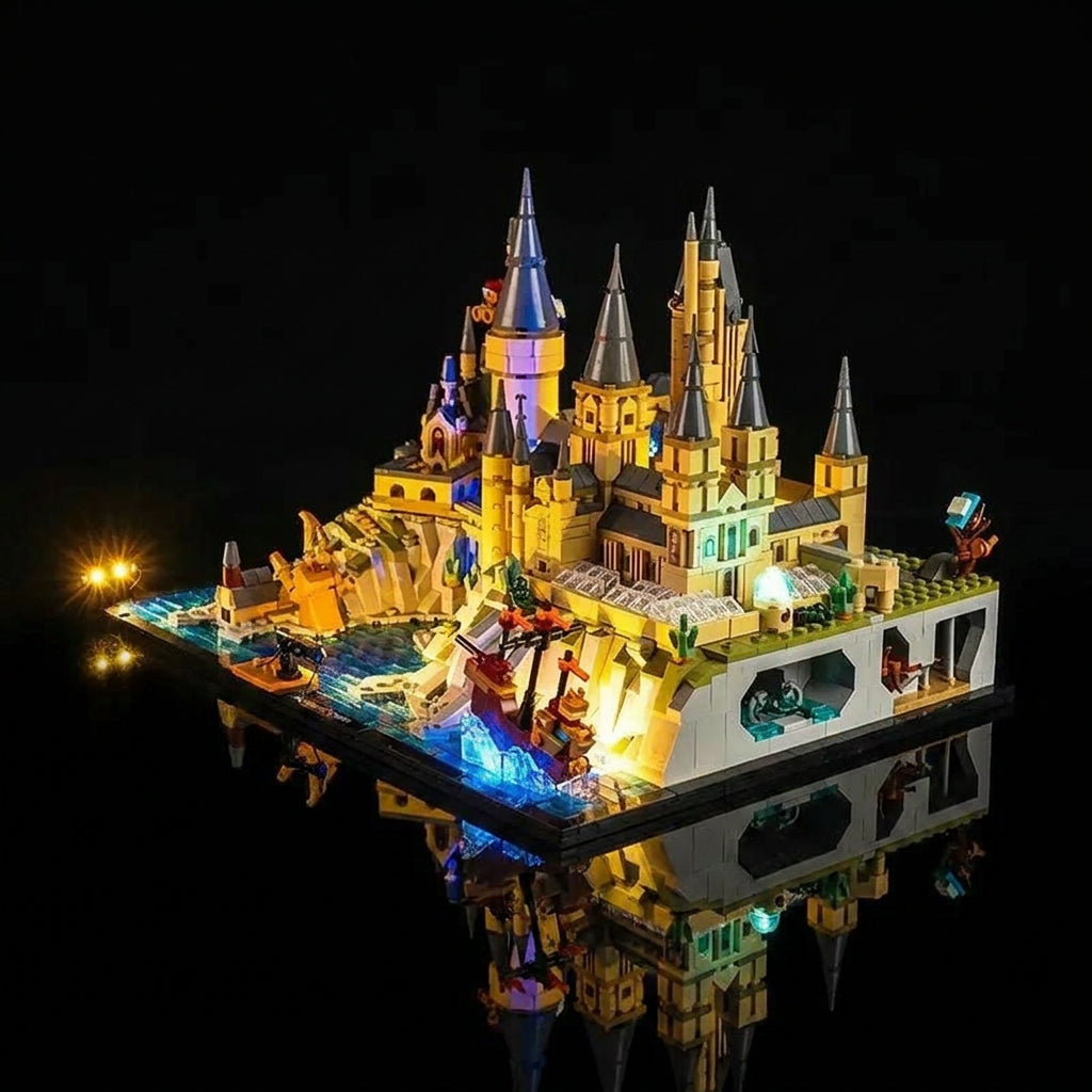 front view fully lit: Bright My Bricks USB-powered LED light kit for LEGO® Harry Potter Hogwarts Castle and Grounds #76419