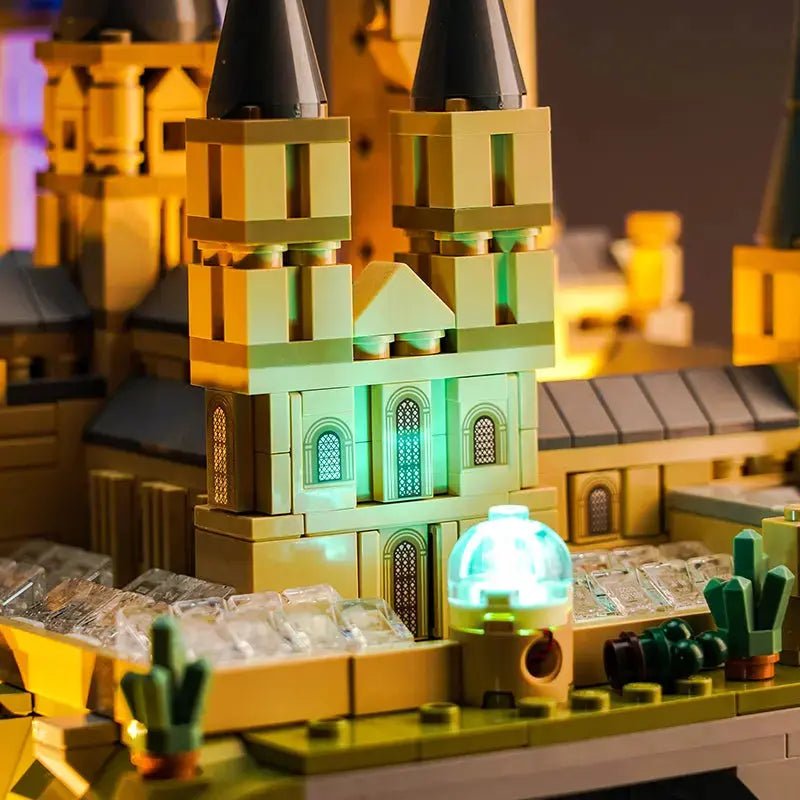 USB-powered LED light kit for LEGO® Harry Potter Hogwarts Castle and Grounds #76419, fully illuminated on display