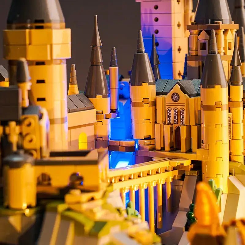 LEGO® Harry Potter Hogwarts Castle and Grounds #76419 installed and glowing, with the RGB LED light kit