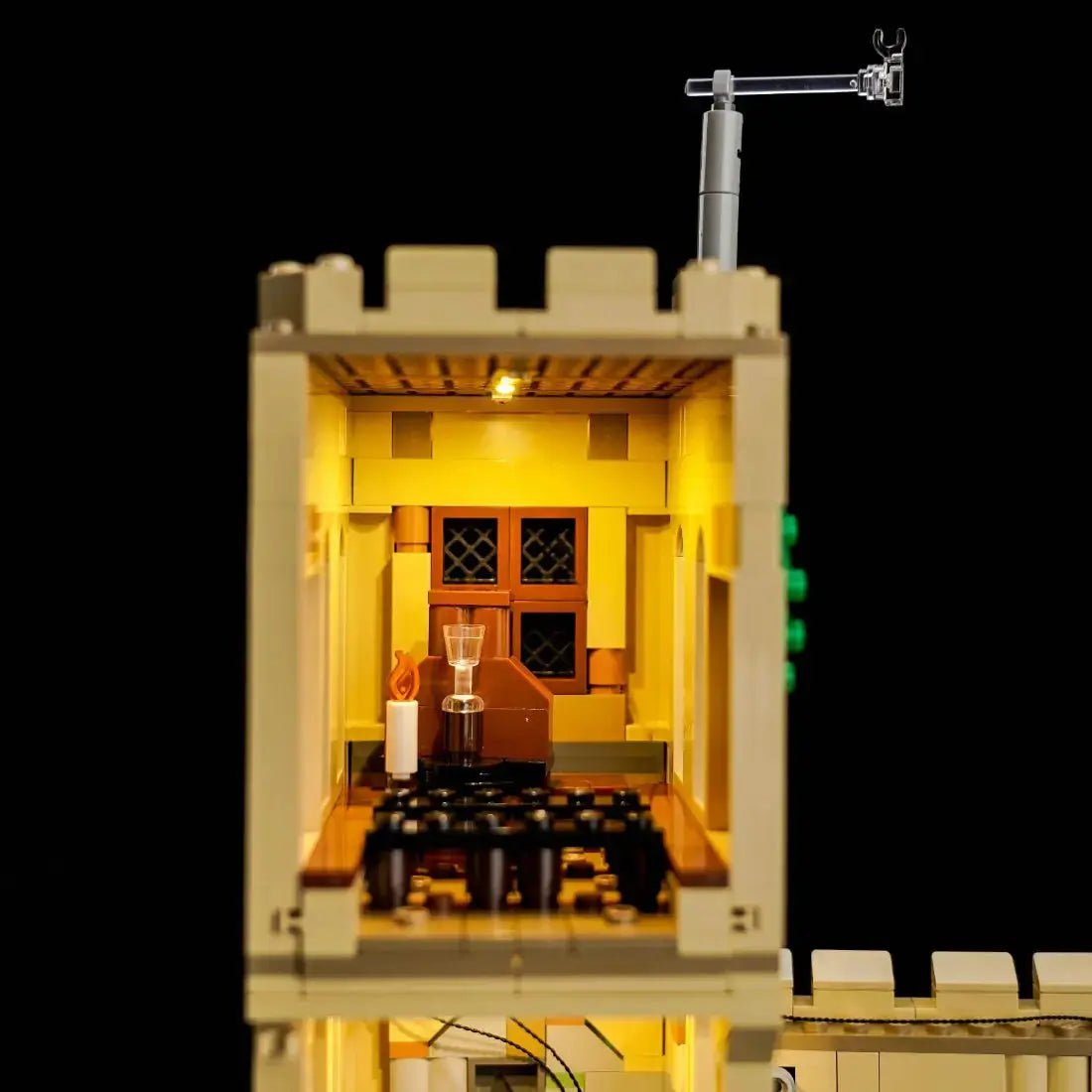 LEGO® Harry Potter Hogwarts Castle: Flying Lessons #76447 LED kit powered on, with the LED light kit