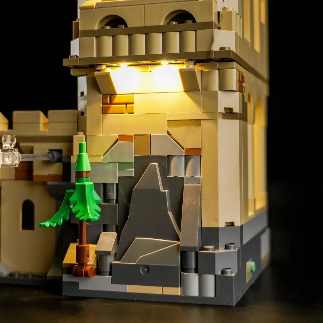 LEGO® Harry Potter Hogwarts Castle: Flying Lessons #76447 installed and glowing, with the custom LED lighting