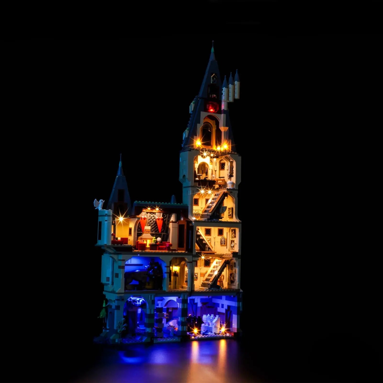 LEGO Harry Potter Hogwarts Castle: The Main Tower #76454 illuminated at night