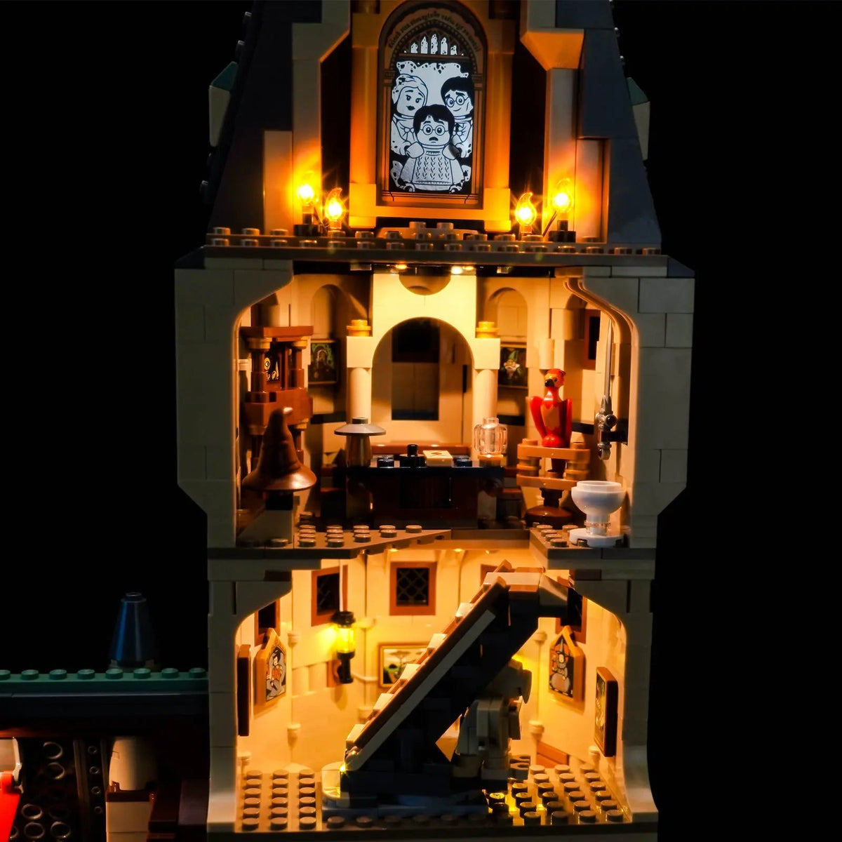 Bright My Bricks RGB LED light kit for LEGO® Harry Potter Hogwarts Castle: The Main Tower #76454 — showcase lighting view