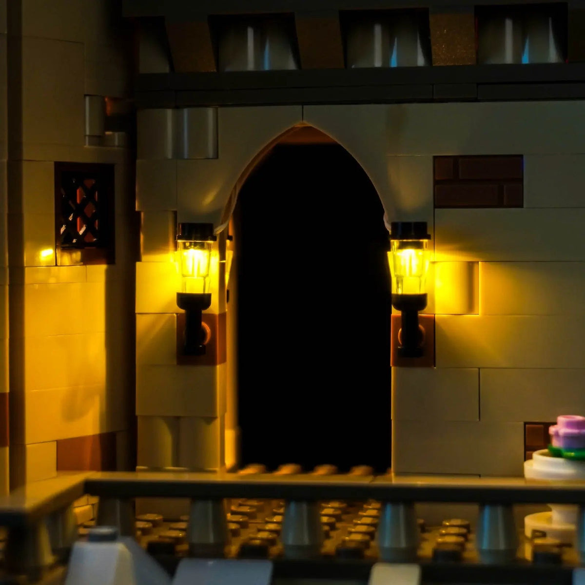 LED lighting kit for LEGO® Harry Potter Hogwarts Castle: The Main Tower #76454, close-up of the LED lighting detail