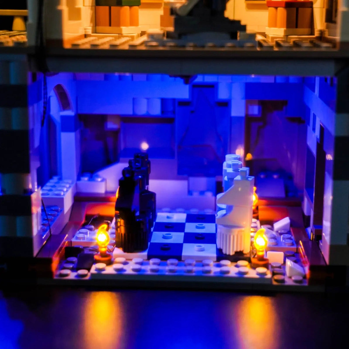 LED kit powered on: Bright My Bricks LED lighting kit for LEGO® Harry Potter Hogwarts Castle: The Main Tower #76454