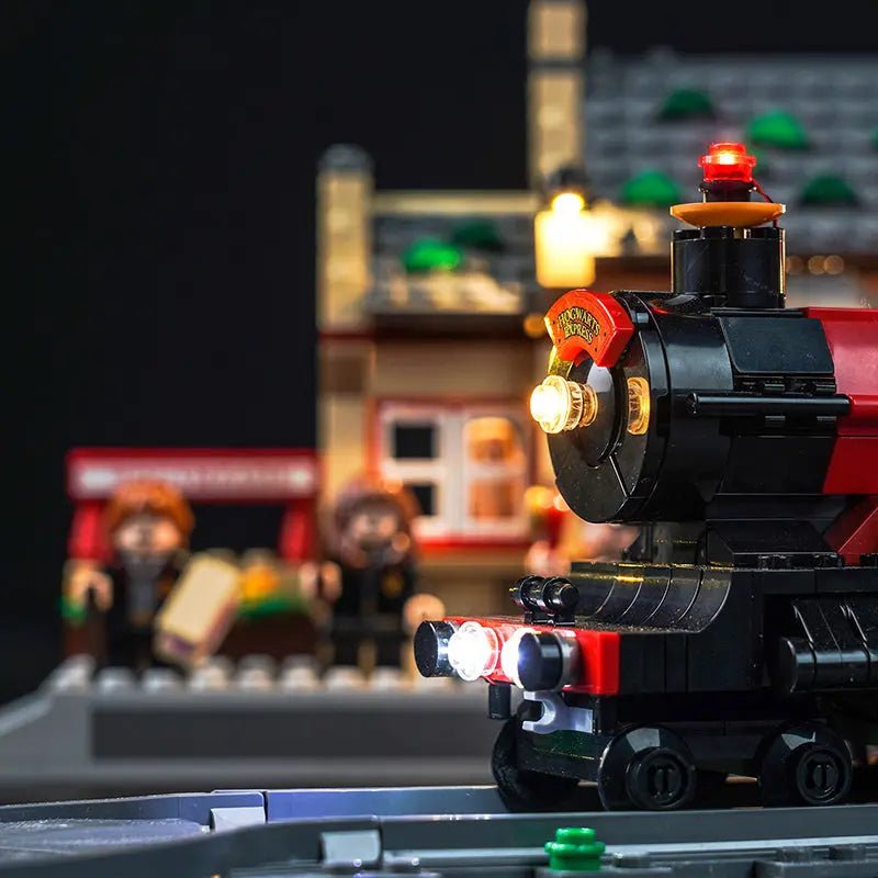 LEGO® Harry Potter Hogwarts Express & Hogsmeade Station #76423 before-and-after lighting, with the display light kit