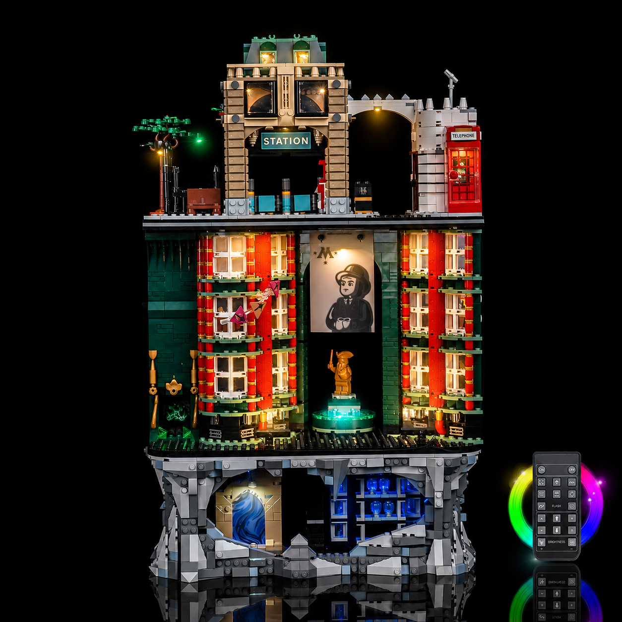 LED light kit installed on LEGO Harry Potter The Ministry of Magic 76476, full facade lit, with the included RGB remote