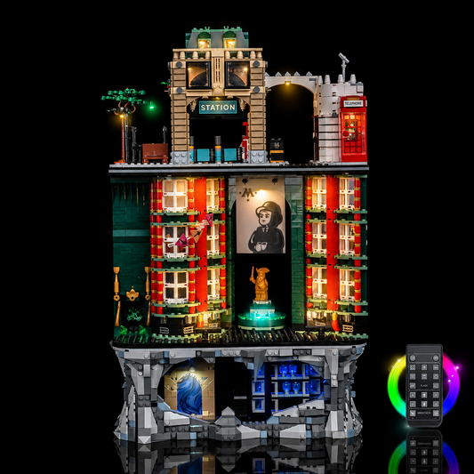 LED light kit installed on LEGO Harry Potter The Ministry of Magic 76476, full facade lit, with the included RGB remote