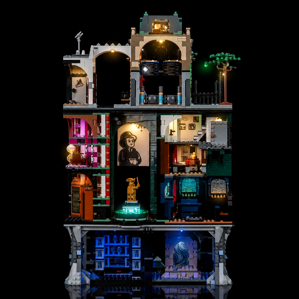 Interior of LEGO Ministry of Magic 76476 lit by the Bright My Bricks LED kit: offices, Atrium and Department of Mysteries