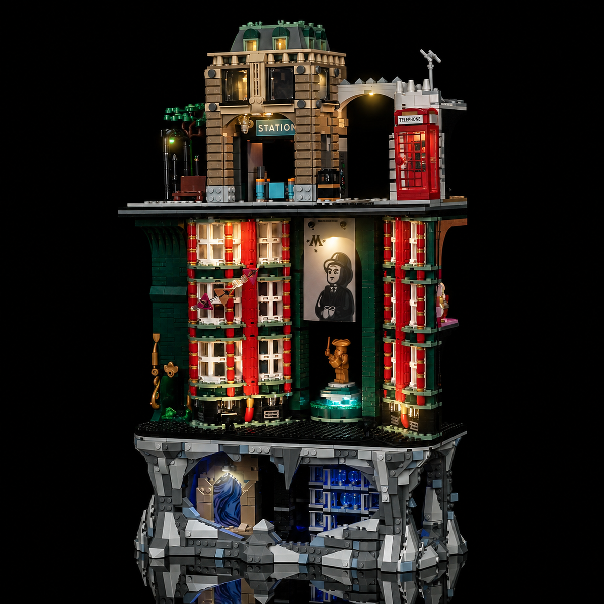 LEGO Ministry of Magic 76476 with LED kit: Muggle street, red telephone box and the Atrium below