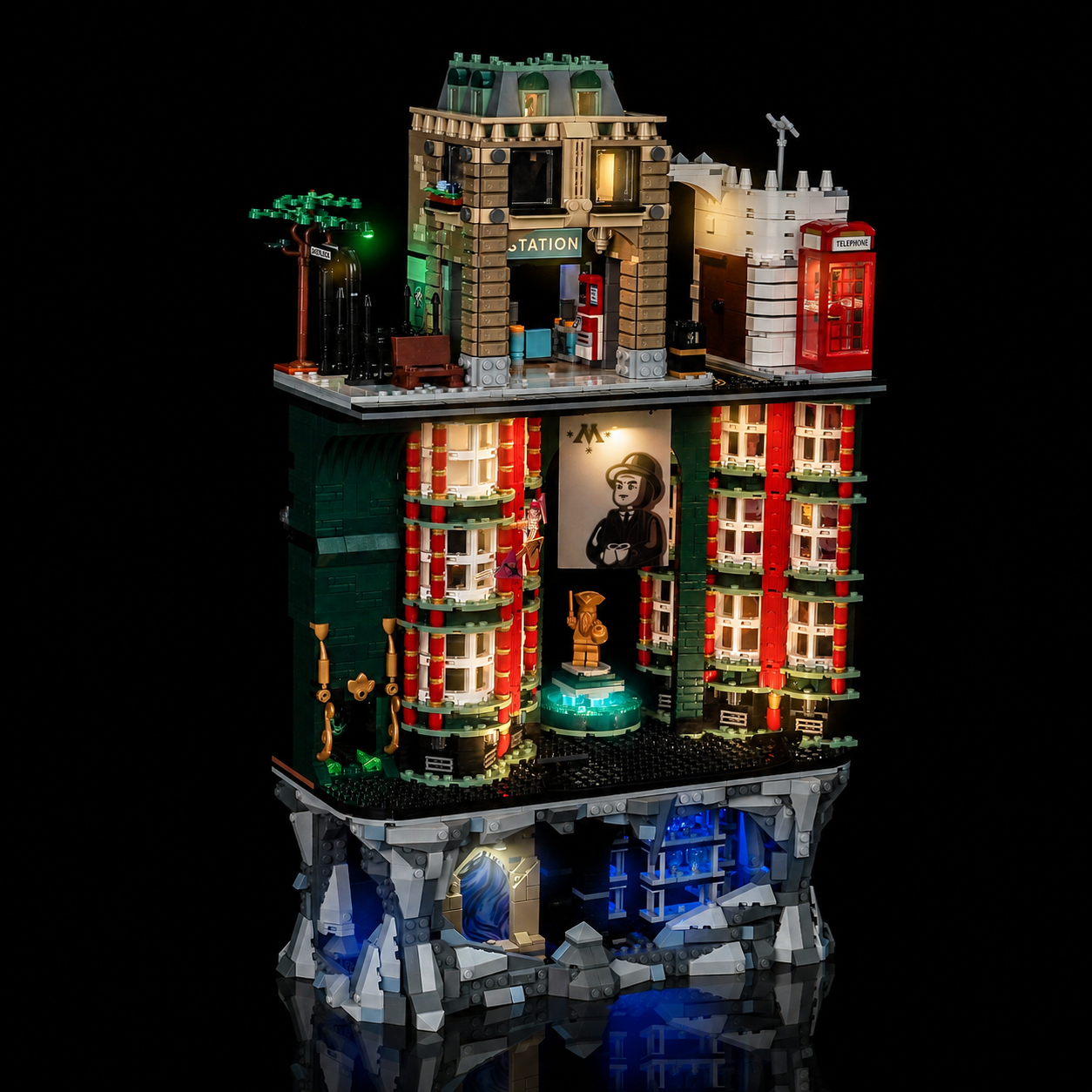 LEGO Ministry of Magic 76476 lit from street level down to the veil in the Department of Mysteries