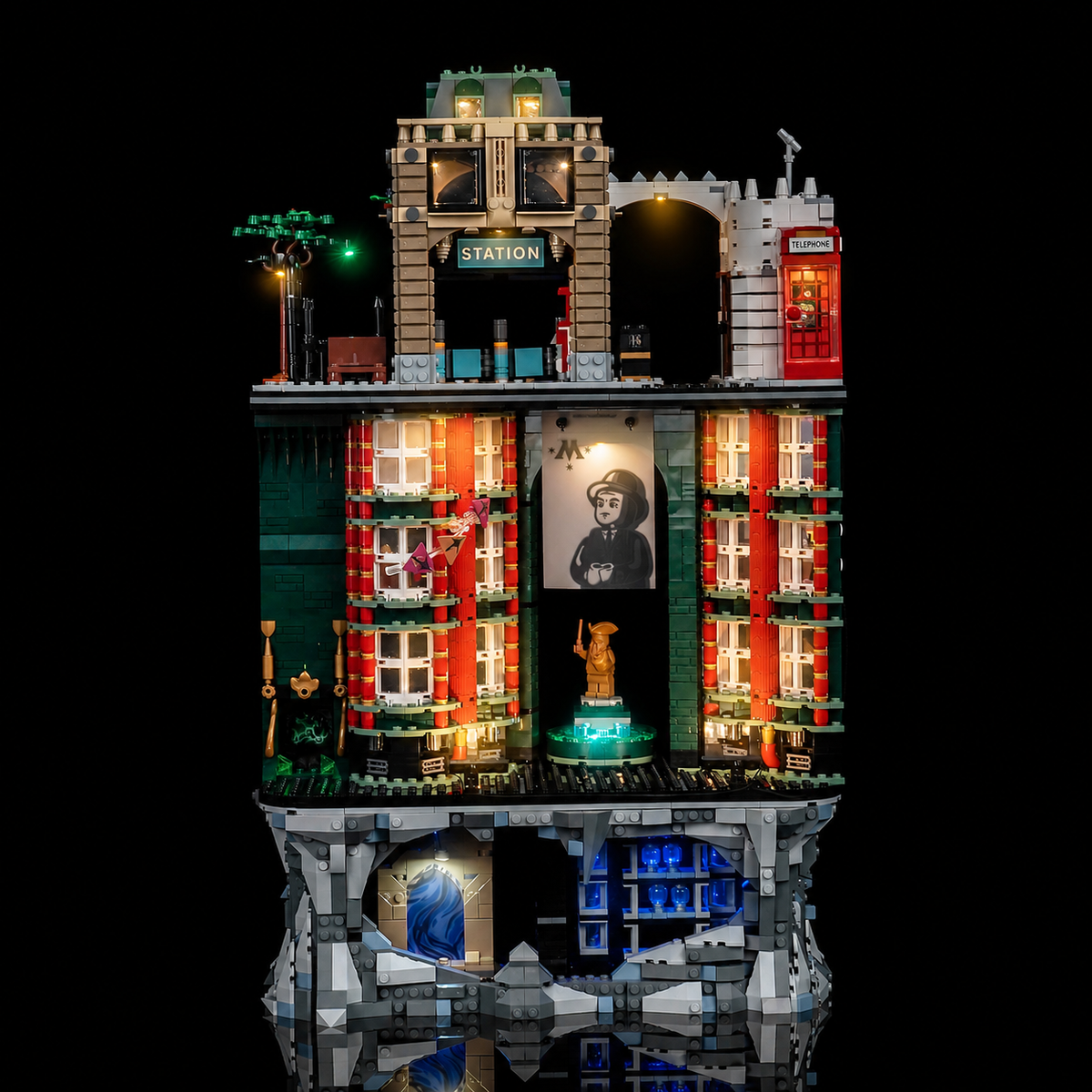 Front view of LEGO Ministry of Magic 76476 with Bright My Bricks LED lighting on all three floors