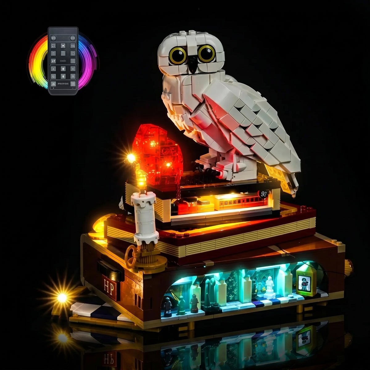 LEGO® Harry Potter Sorcerer's Stone #76466 display lighting in a dark room, with the LED lighting kit