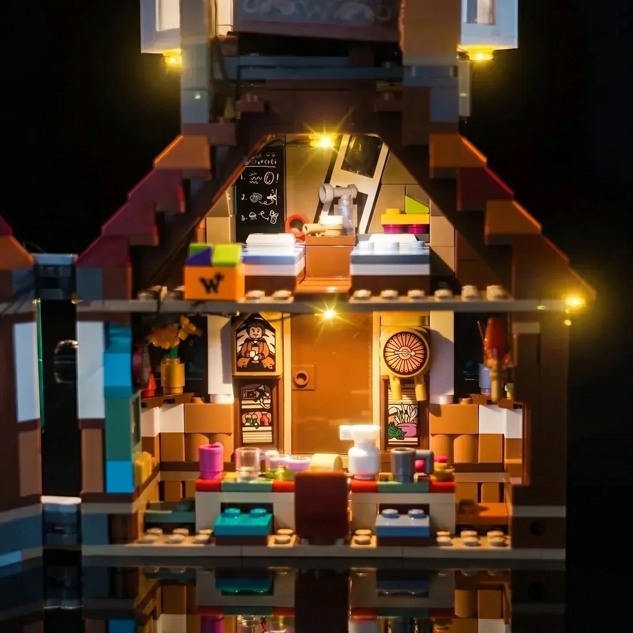 LEGO® Harry Potter The Burrow #76437 brightened interior detail, with the LED light kit