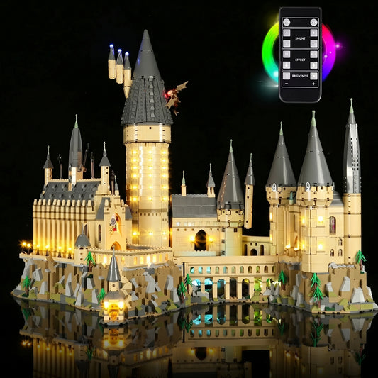 LEGO® Hogwarts Castle #71043 side angle with lights on, with the light kit