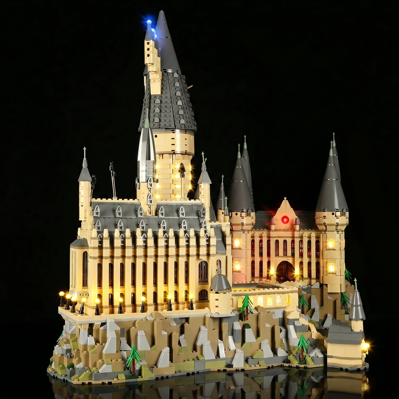 LEGO® Hogwarts Castle #71043 showcase lighting view, with the DIY LED light kit