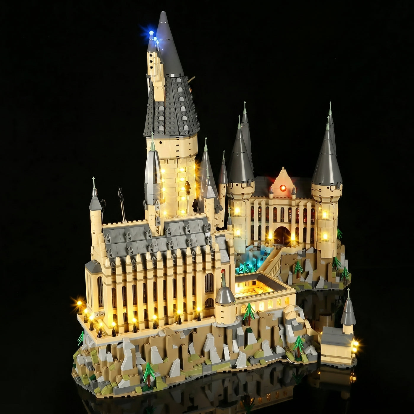 LEGO® Hogwarts Castle #71043 before-and-after lighting, with the LED lights