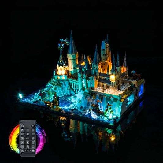 RGB LED light kit for LEGO® Hogwarts Castle and Grounds #76419, illuminated at night