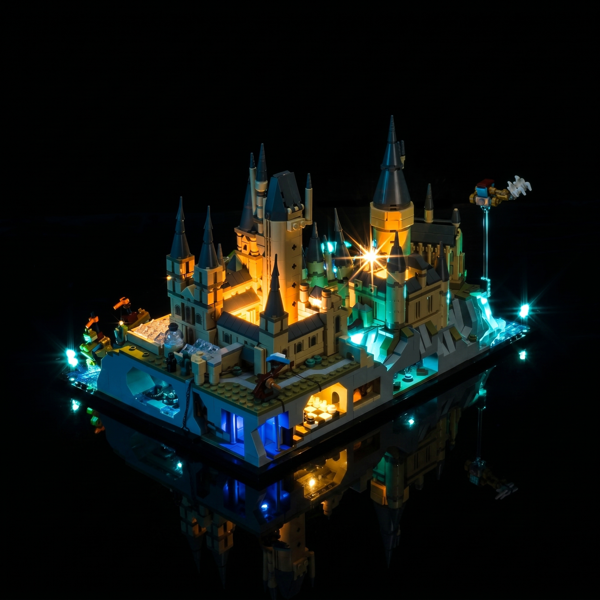 USB-powered LED light kit for LEGO® Hogwarts Castle and Grounds #76419, display lighting in a dark room