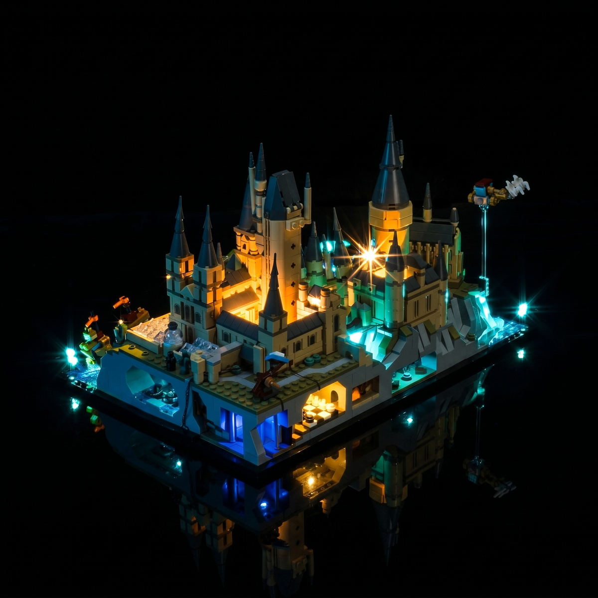 USB-powered LED light kit for LEGO® Hogwarts Castle and Grounds #76419, display lighting in a dark room