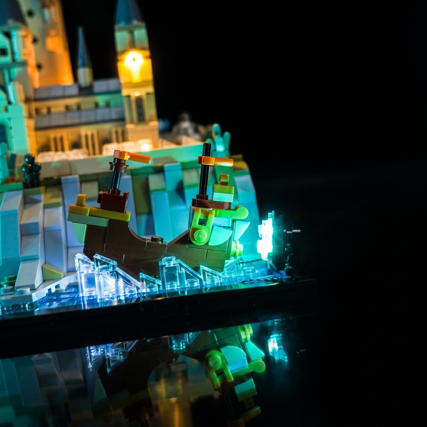 Bright My Bricks USB-powered LED light kit for LEGO® Hogwarts Castle and Grounds #76419 — installed and glowing