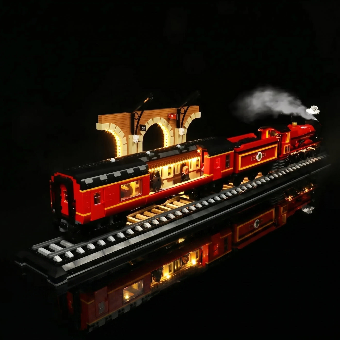 LEGO® Hogwarts Express #76405 front view fully lit, with the light kit