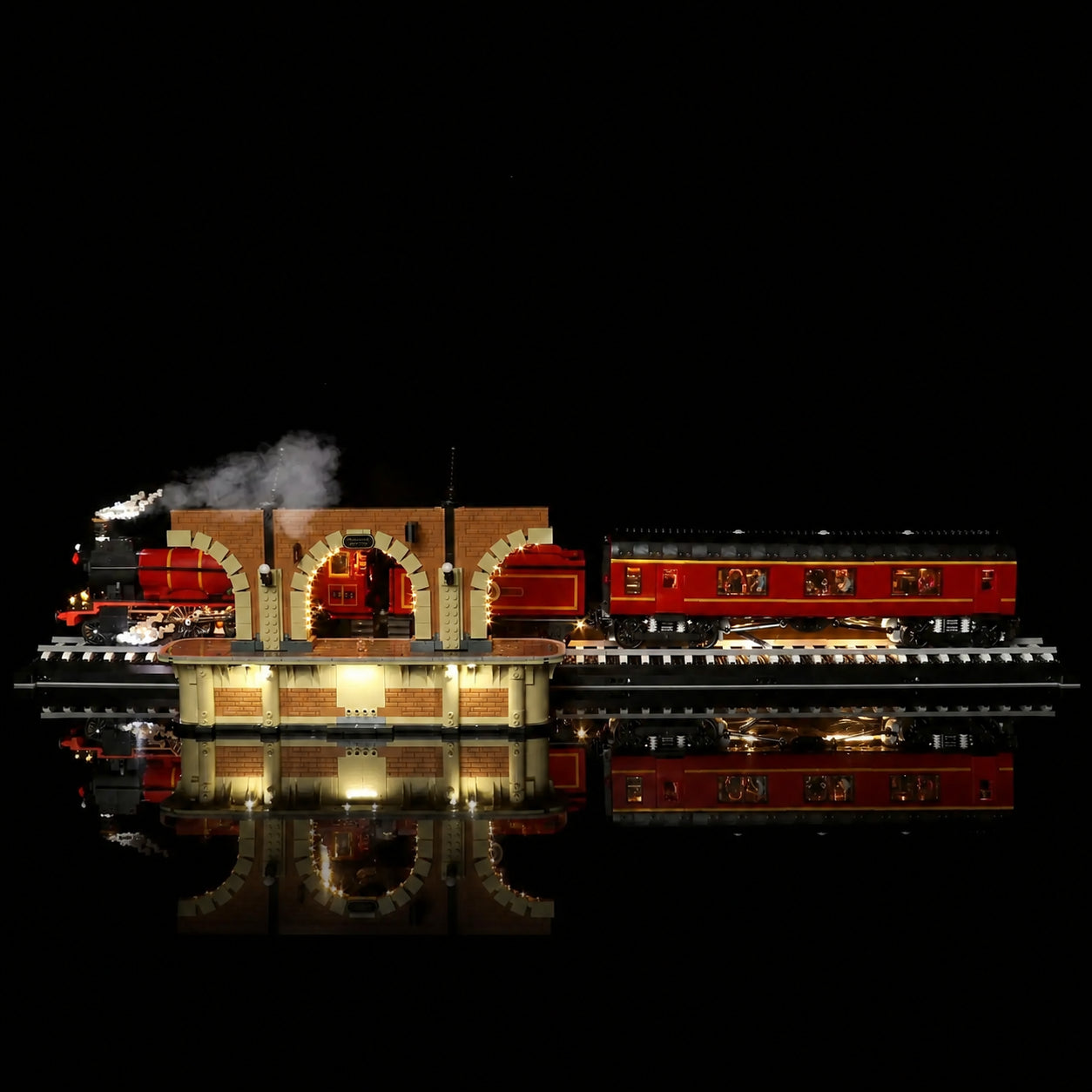 Bright My Bricks USB-powered LED light kit for LEGO® Hogwarts Express #76405 — display lighting in a dark room