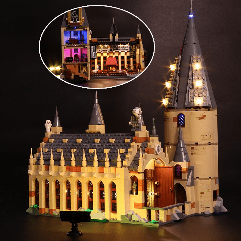 LEGO® Hogwarts Great Hall #75954 front view fully lit, with the RGB LED light kit
