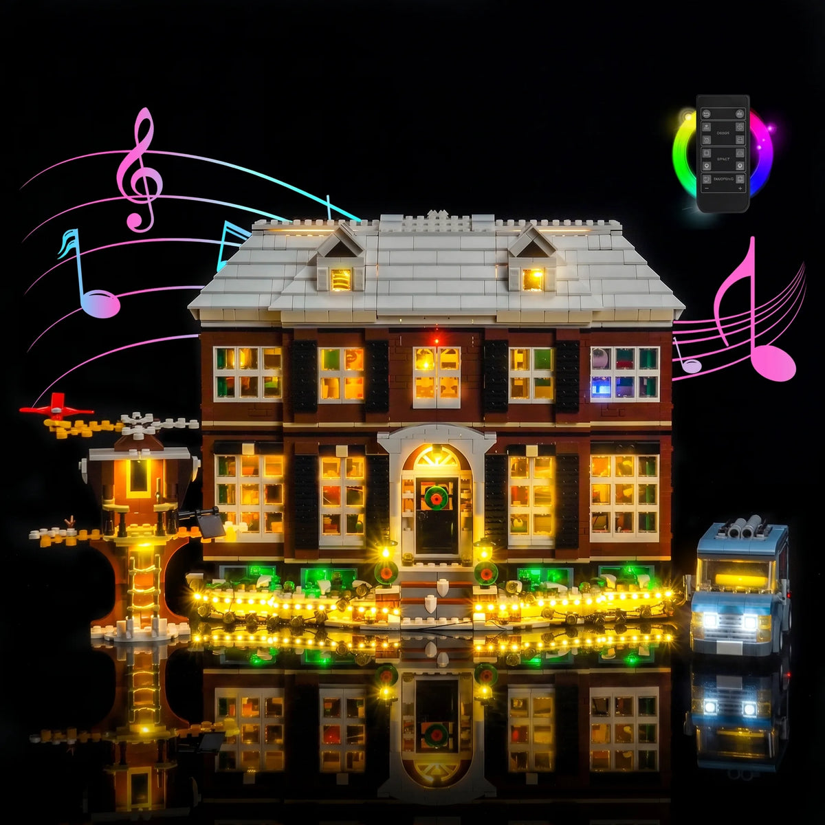 before-and-after lighting: Bright My Bricks USB-powered LED light kit for LEGO® Home Alone #21330