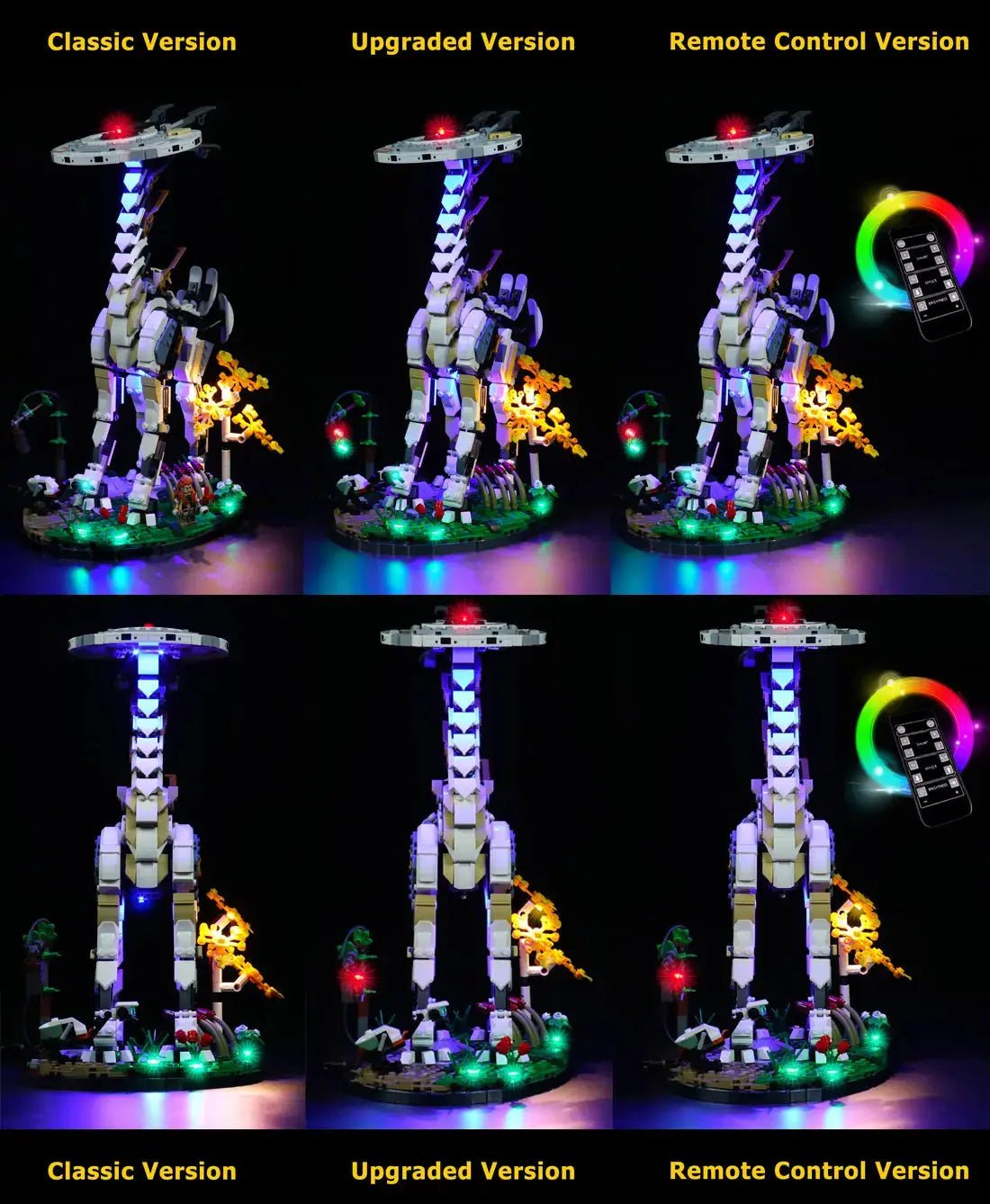 custom LED lighting for LEGO® Horizon Forbidden West: Tallneck #76989, fully illuminated on display