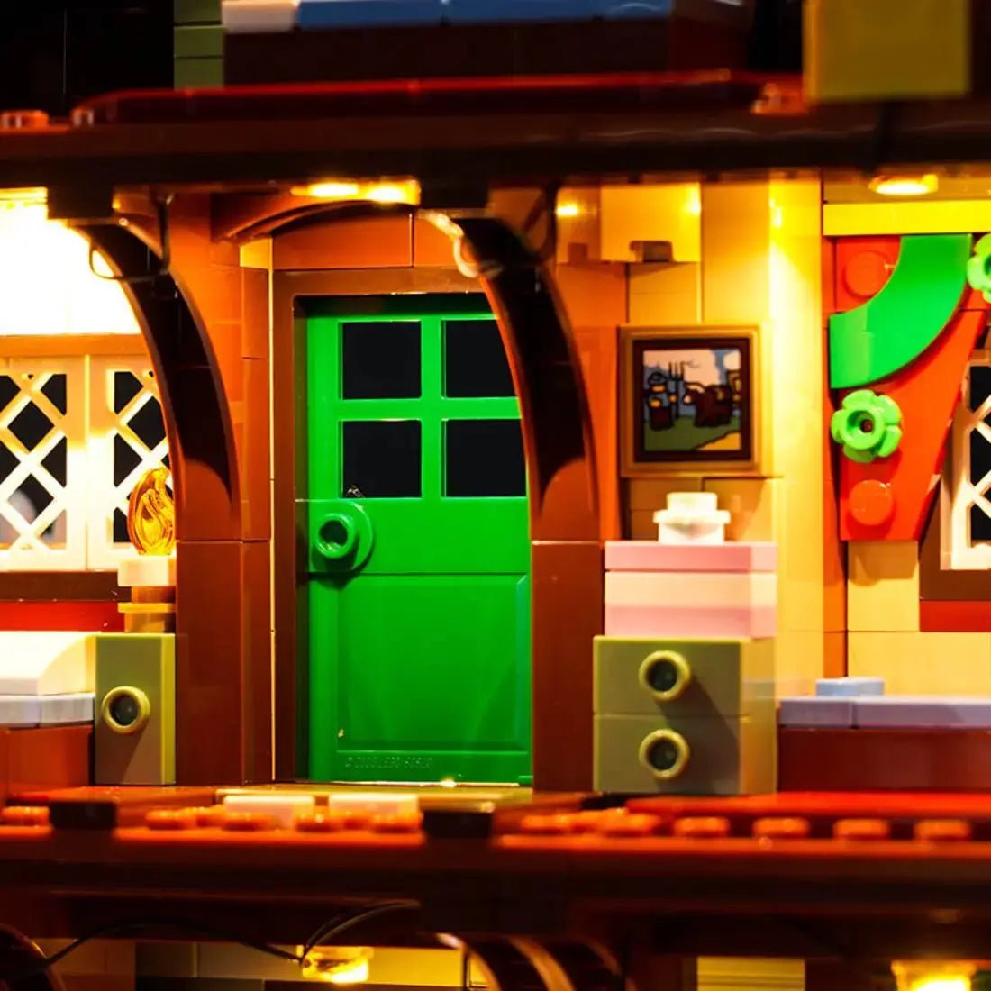 Bright My Bricks RGB LED light kit for LEGO® Icons Alpine Lodge #10325 — before-and-after lighting