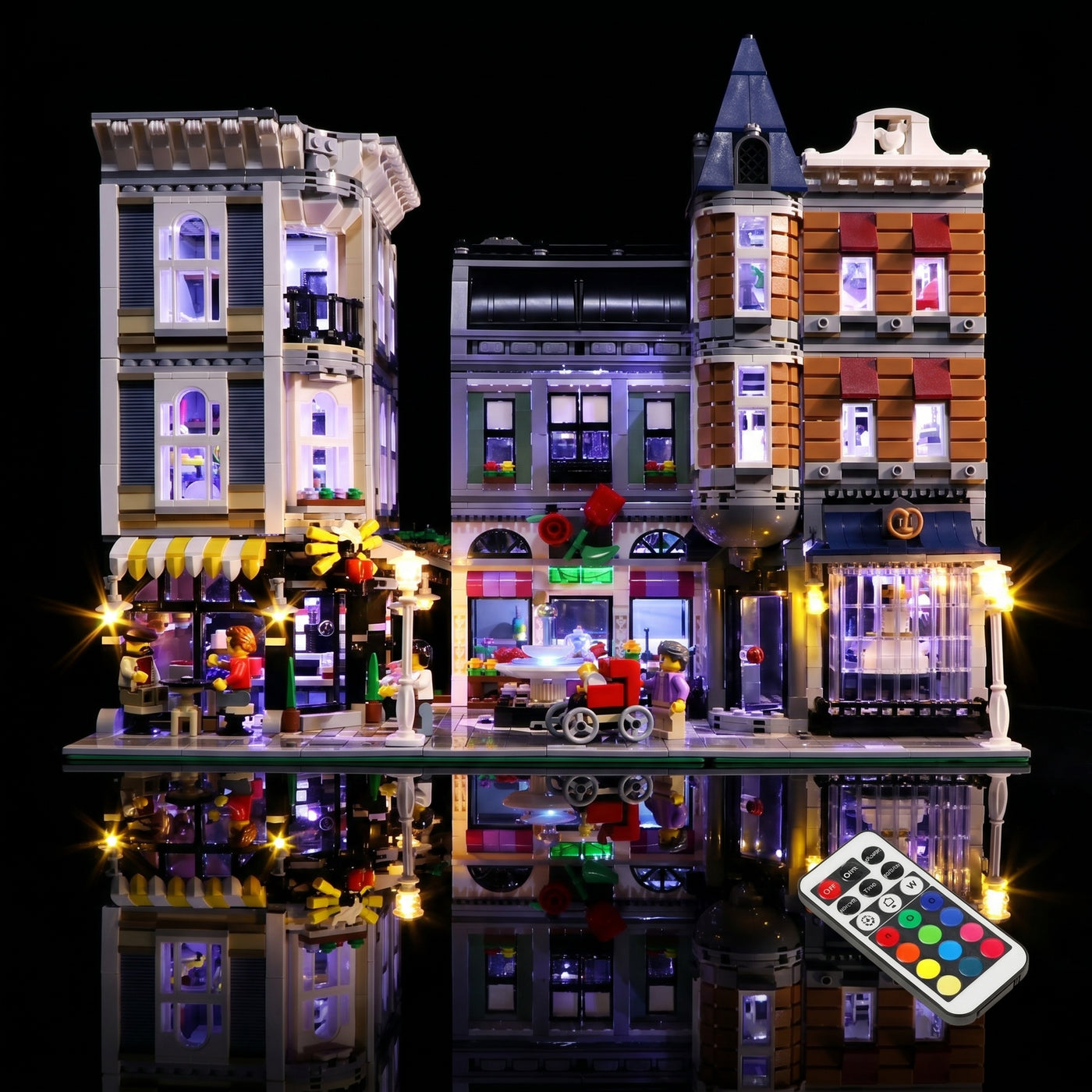 LEGO® Icons Assembly Square #10255 — illuminated at night (display light kit)