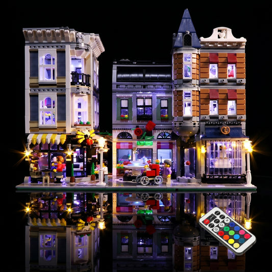 LEGO® Icons Assembly Square #10255 — illuminated at night (display light kit)