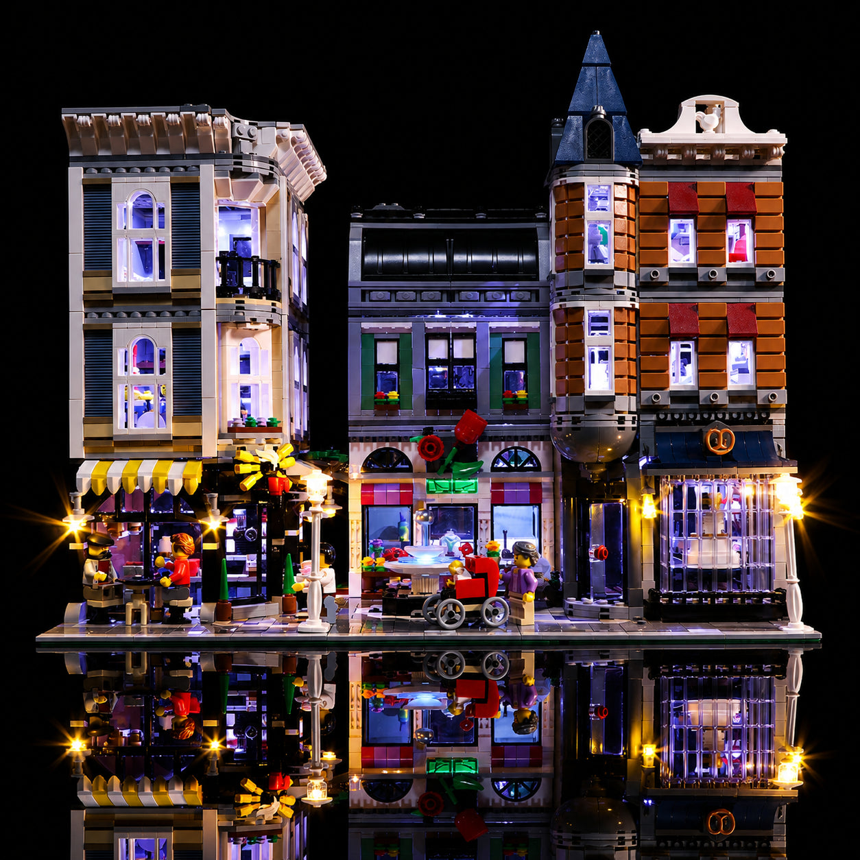 Bright My Bricks premium LED light kit for LEGO® Icons Assembly Square #10255 — illuminated at night