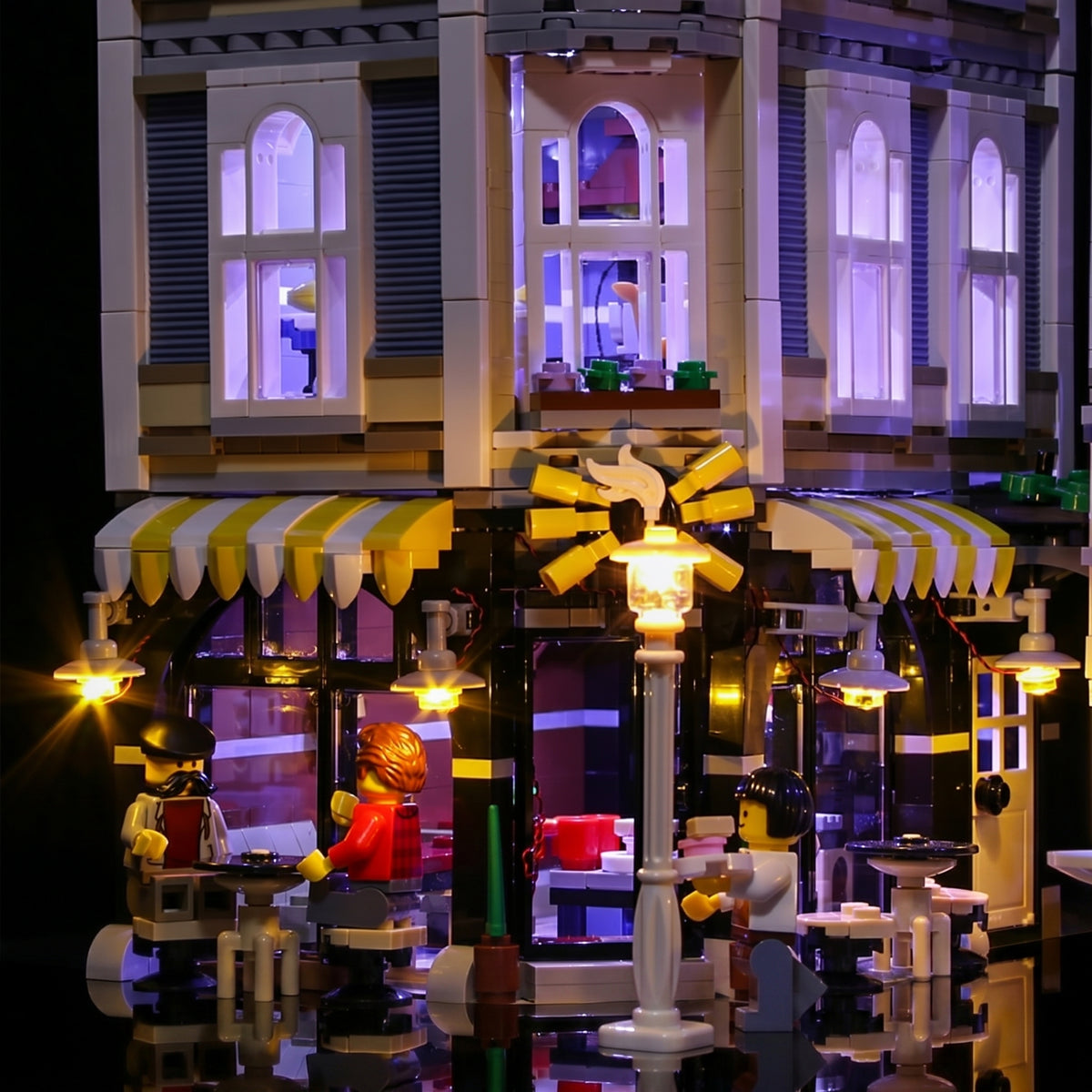 LEGO® Icons Assembly Square #10255 LED kit powered on, with the LED lighting kit