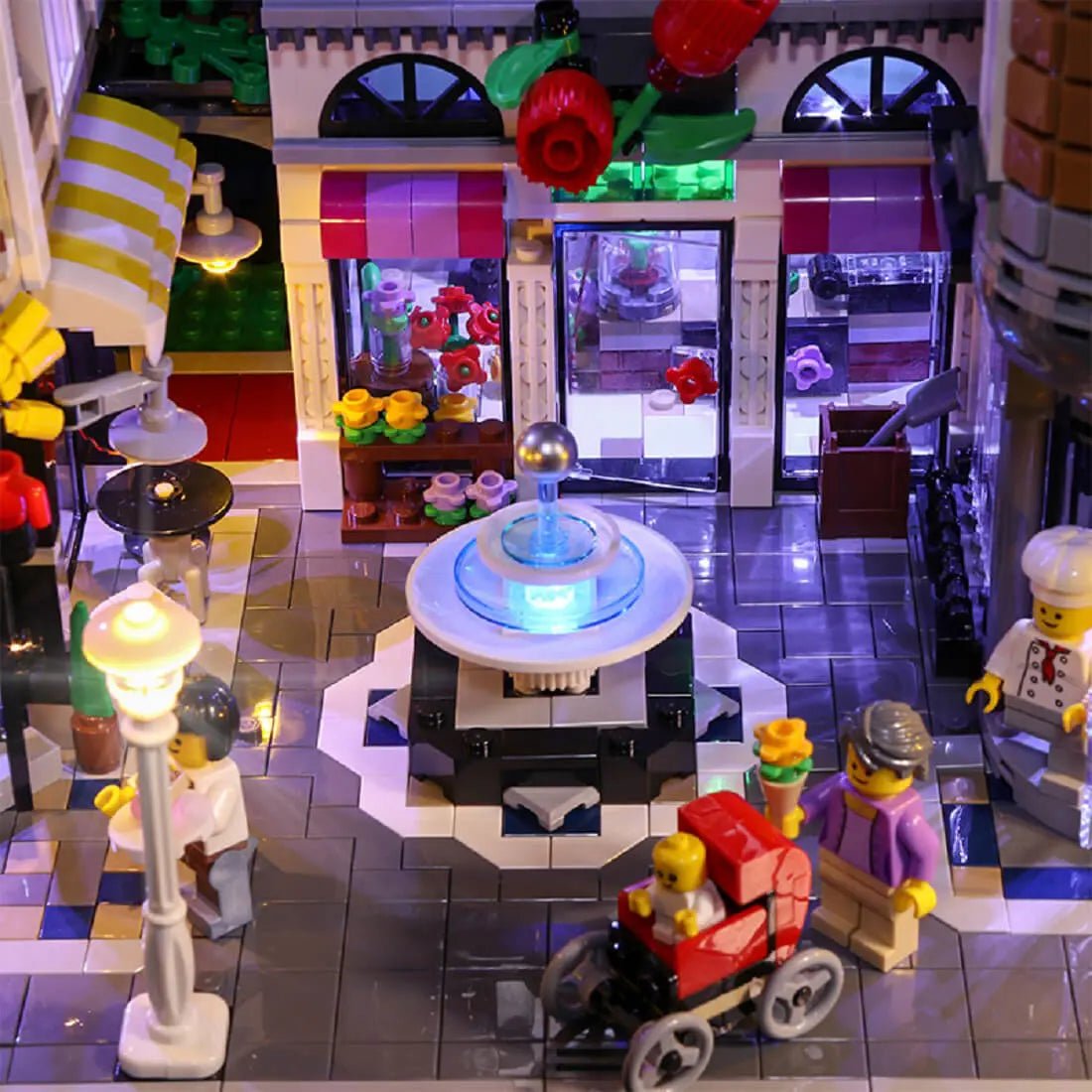 before-and-after lighting: Bright My Bricks USB-powered LED light kit for LEGO® Icons Assembly Square #10255